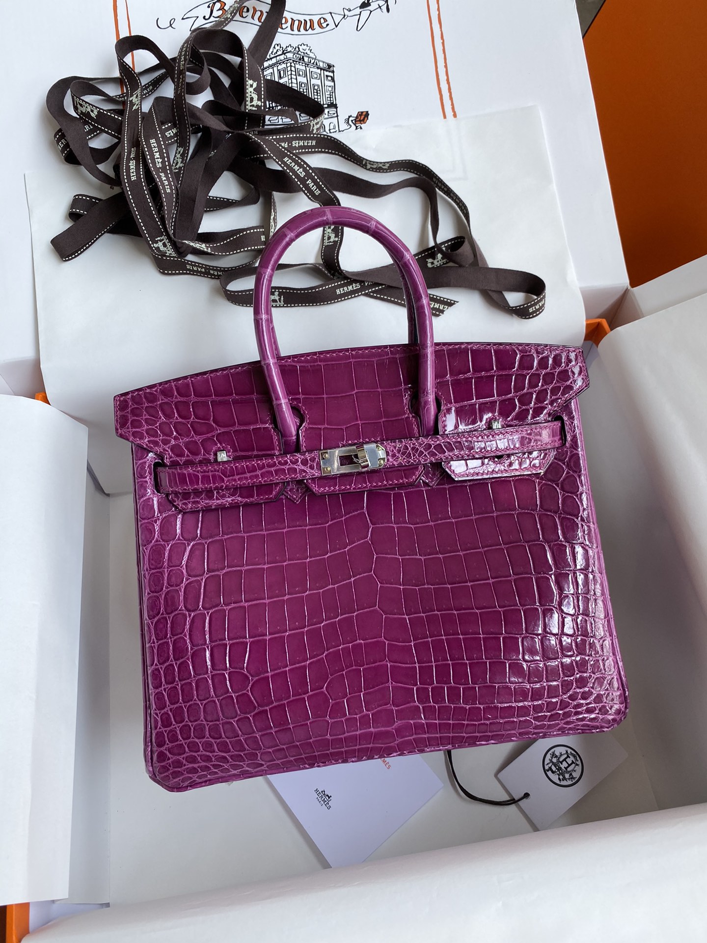 Hermes Birkin 25CM Handmade Bag In Purple Crocodile Niloticus Shiny Skin